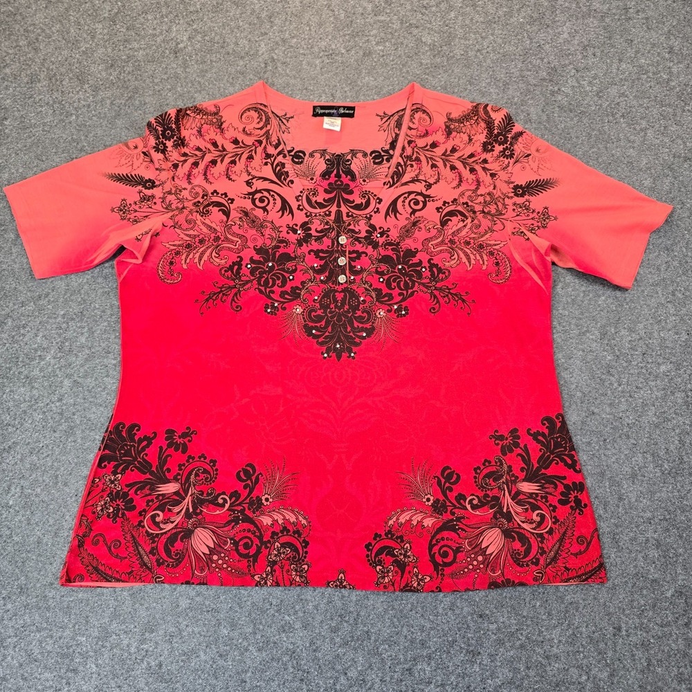 Appropriate Behavior Top Womens 2XL (20) Red Floral Rhinestone Casual V Neck